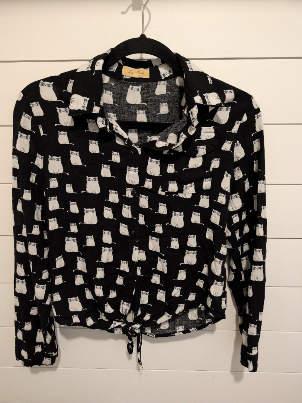 Love Notes black cat print blouse long sleeve tie waist size 6
